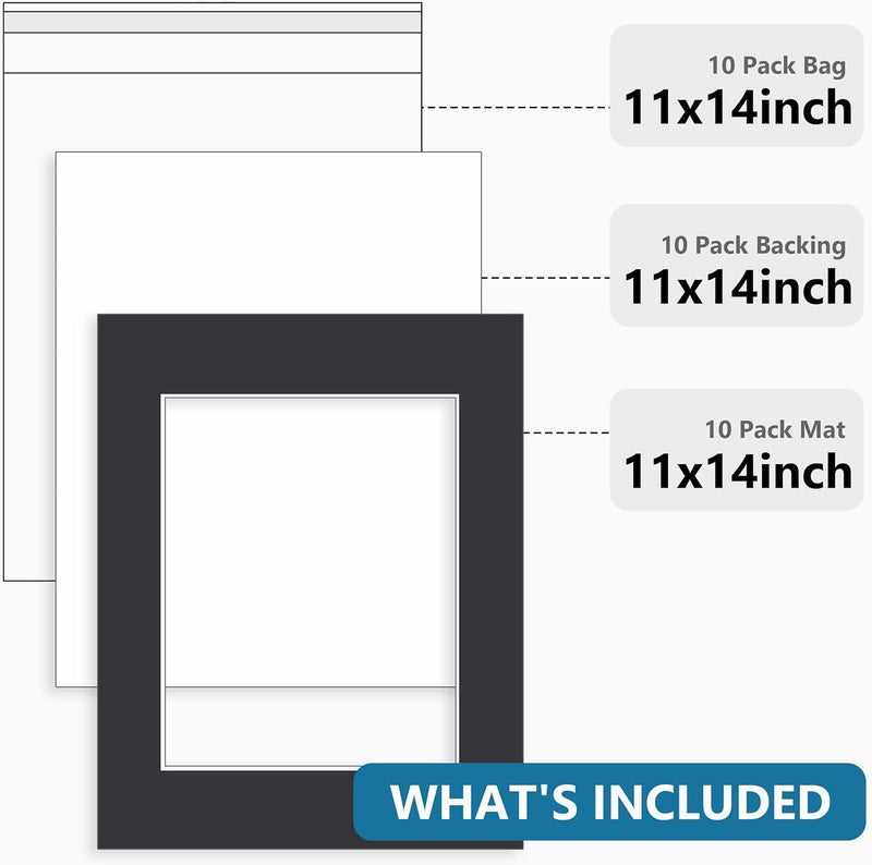 Somime 10 Pack 11x14 Black Picture Mat Kit for 8x10 Photo with White Core Bevel Cut Mattes Sets - Includes 10 Acid Free Pre Cut Mats & 10 Backings & 10 Print Sleeve Bags - Image 2